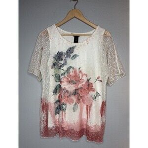 Ali Miles Womens SMALL FLORAL Mixed Print Mesh Overlay Blouse Top